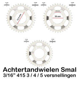 Achtertandwielen 3 / 4 / 5 versnellingen bromfiets smal 3/16" 415