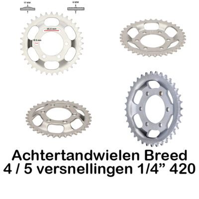 Achtertandwielen breed 4 / 5 versnellingen 1/4″ 420 ketting